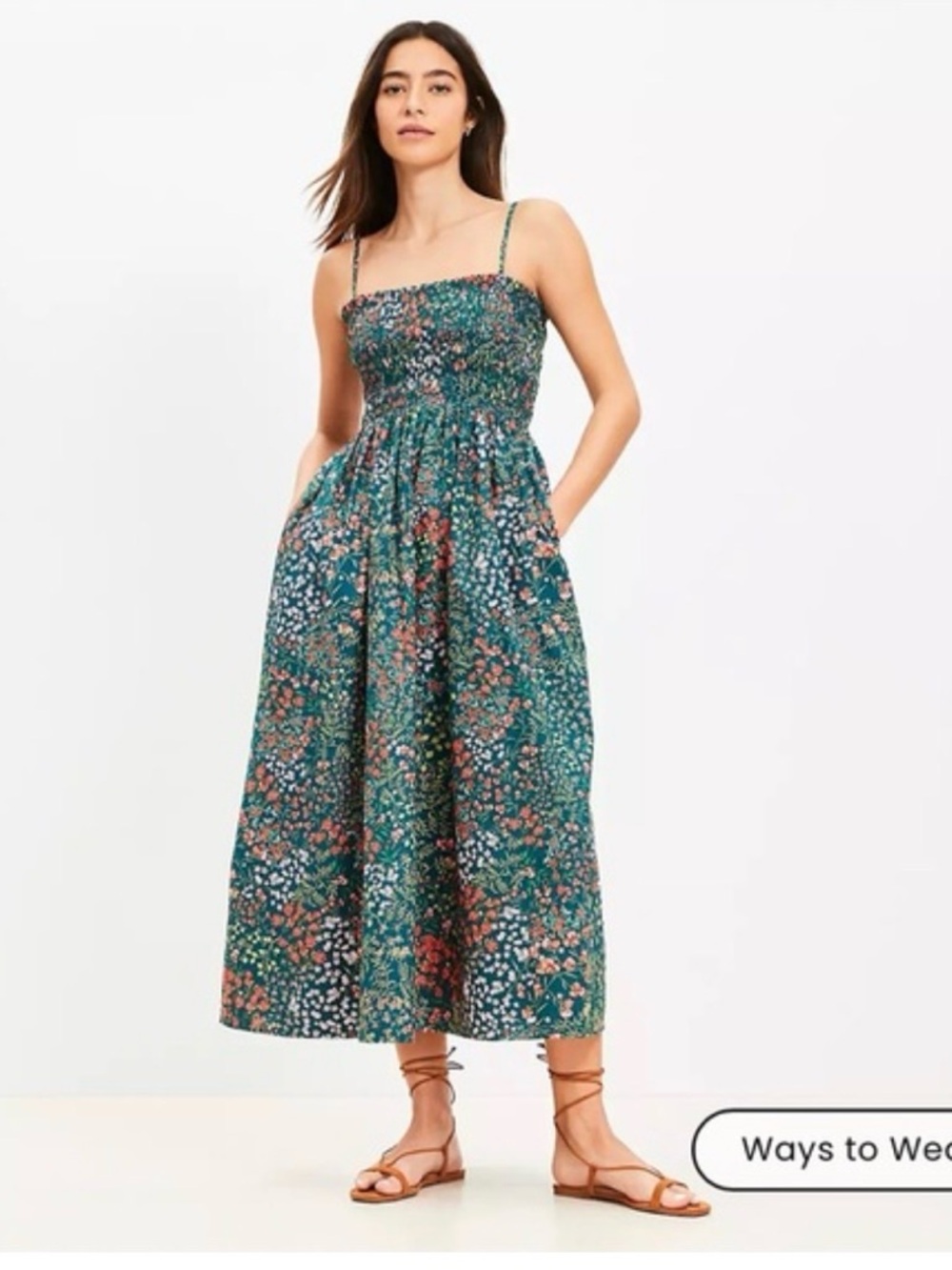LOFT Teal Floral Smocked Midi Dress